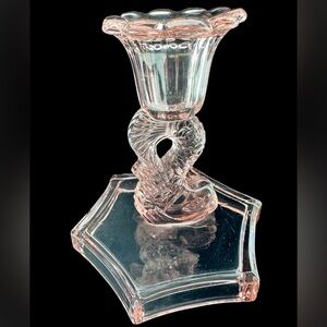 Vintage Pink Koi Fish Candlestick (1) holder Pressed Glass-Good luck Koi fish